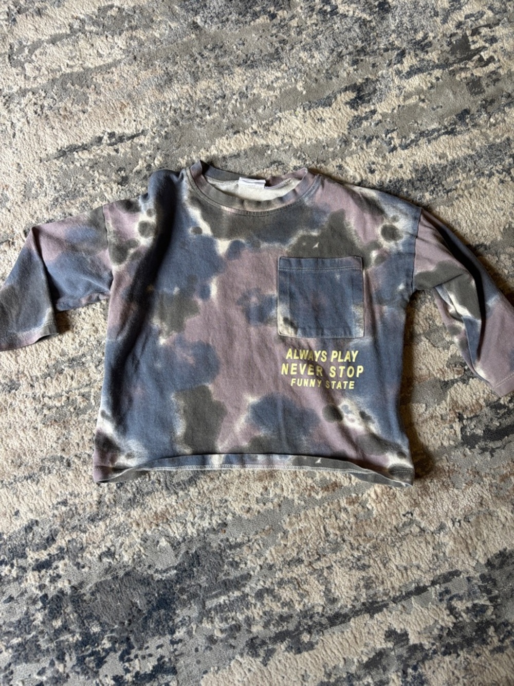 Zara Kids Tie-Dye Long Sleeve Top in Gray, Brown & Blue with Yellow Text